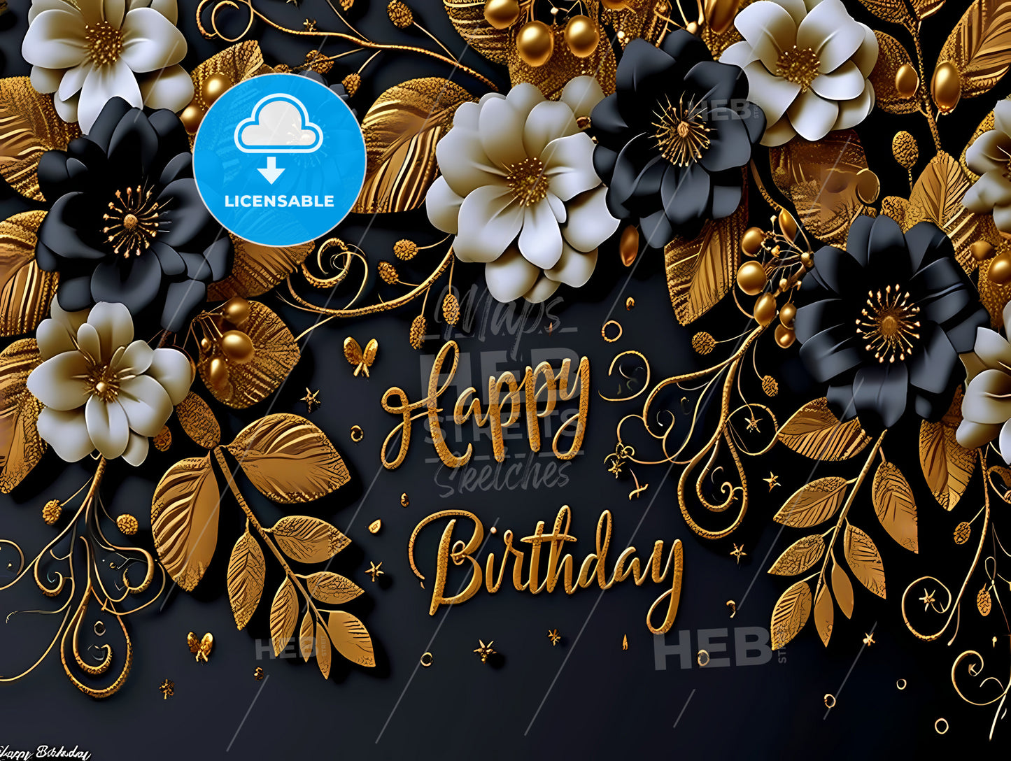 Happy Birthday To You In Gold, A Black And White Flowers And Gold Leaves