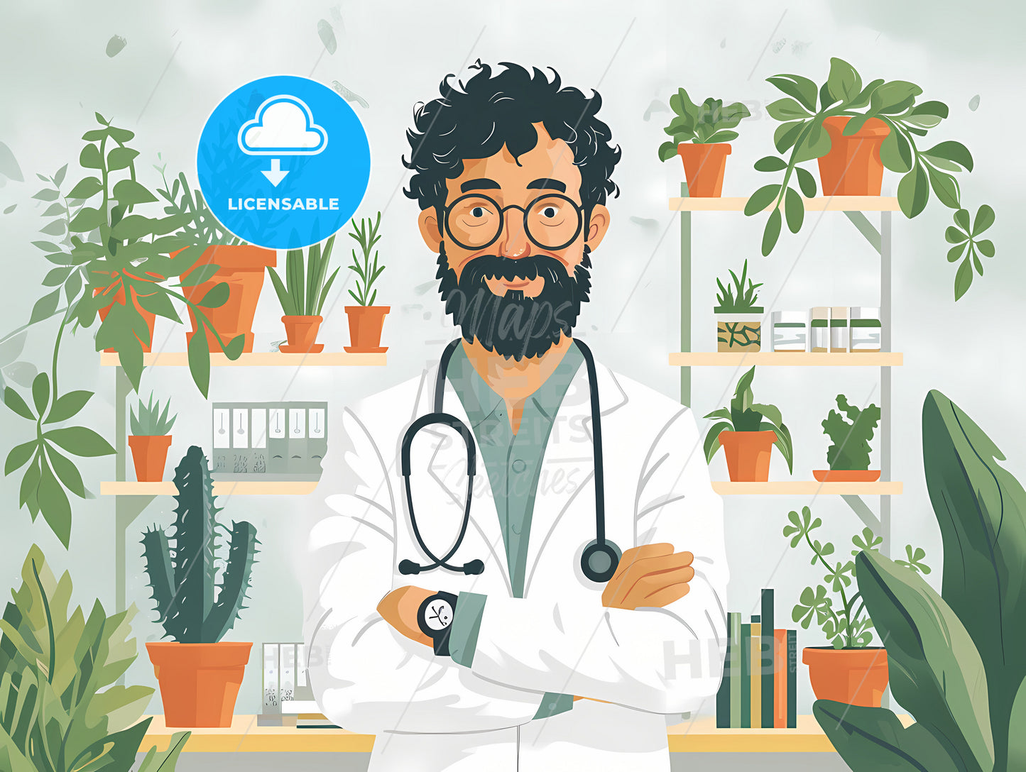 A Illustration Of An Arab Male Doctor, A Man With Beard And Mustache Wearing A White Lab Coat With A Stethoscope Around His Neck