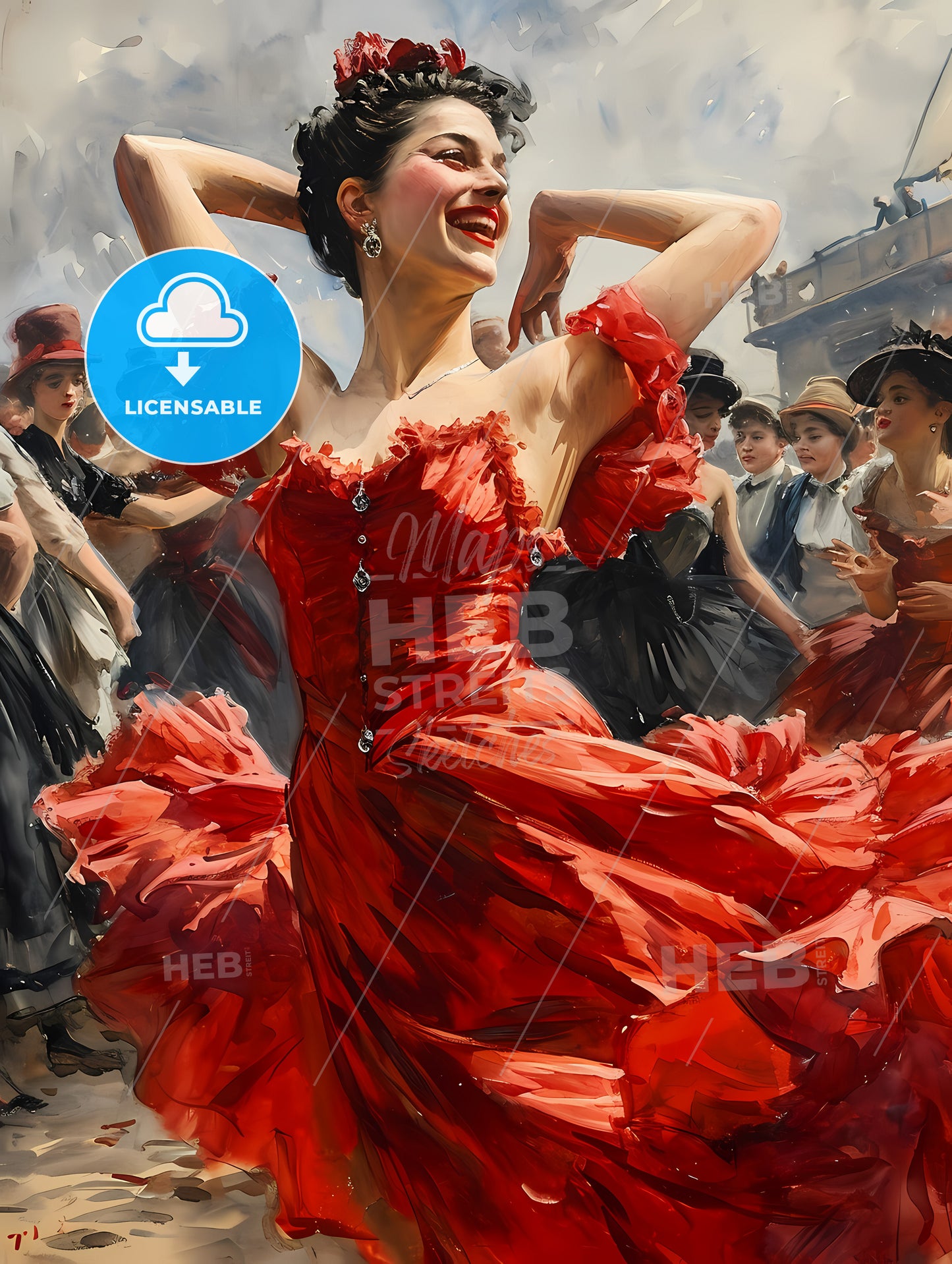 French Cancan Dancers In Moulin Rouge In Paris, A Woman In A Red Dress Dancing With Other People