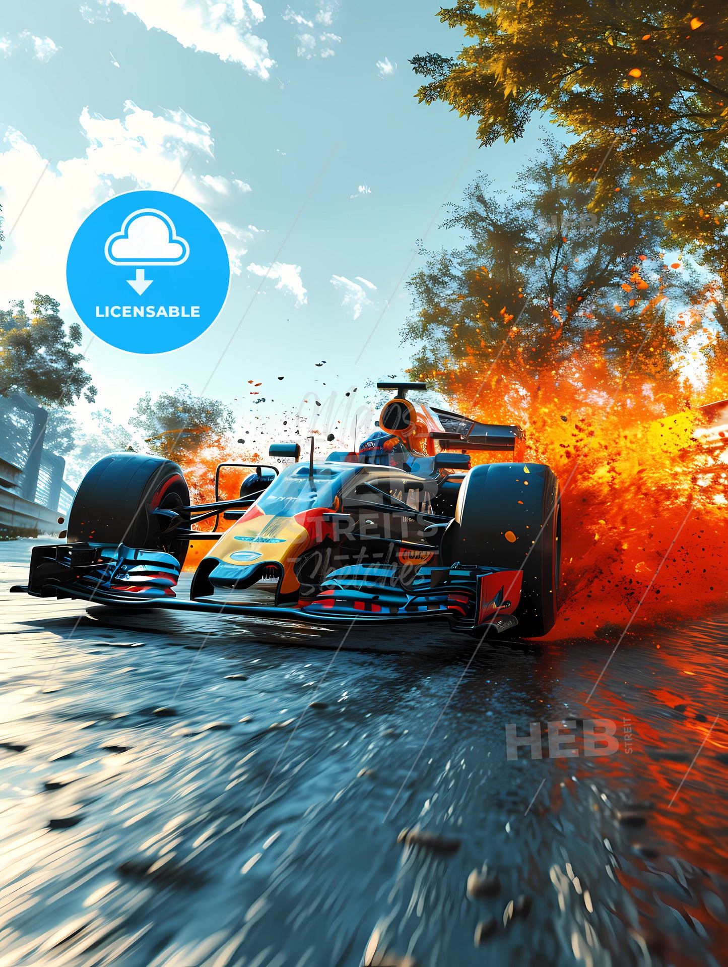 Formula One Style Race Car, A Race Car On A Road With Flames Coming Out Of It