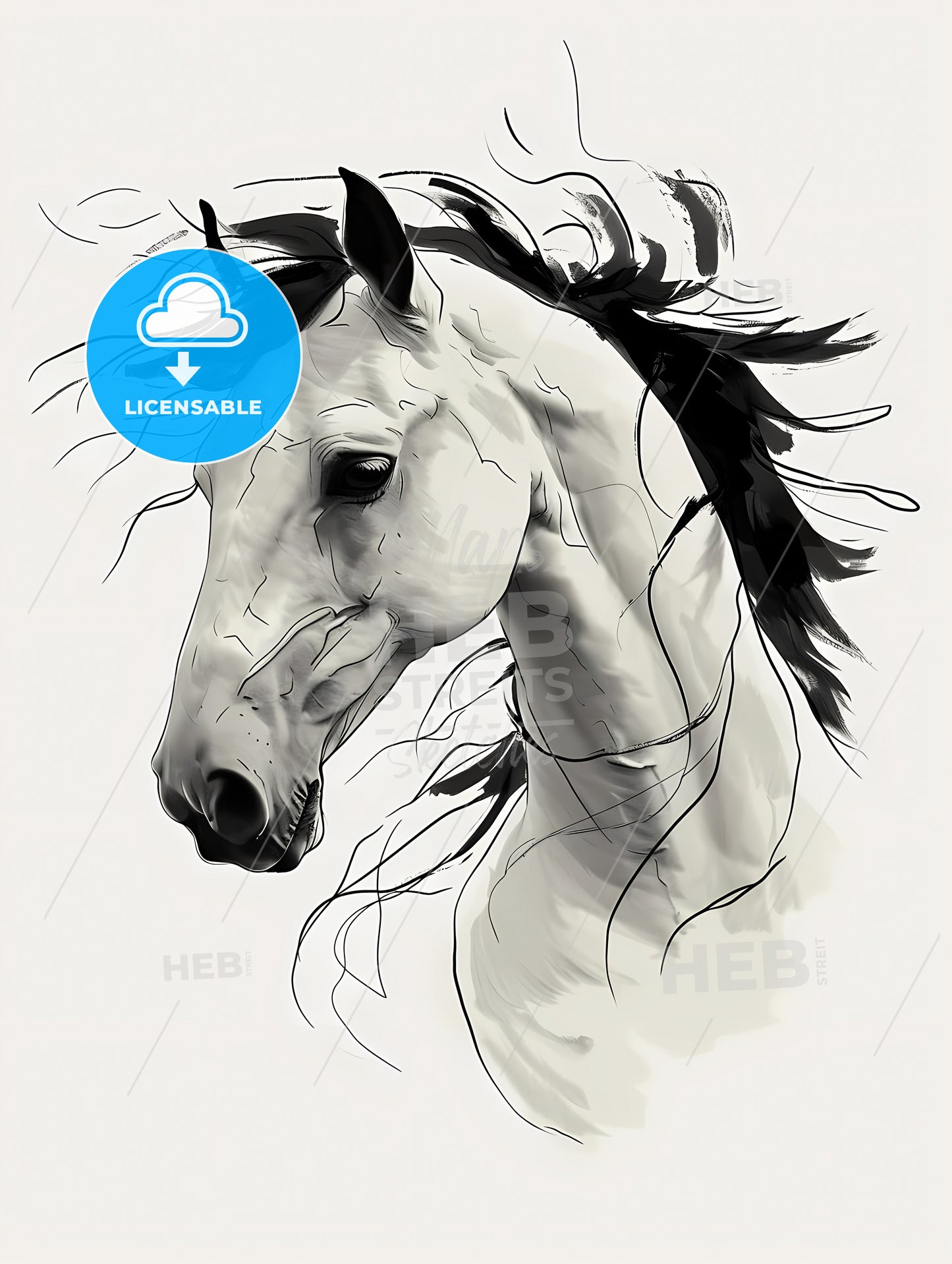 A Line Art Drawing Of A Eagle Face, A White Horse With Black Mane