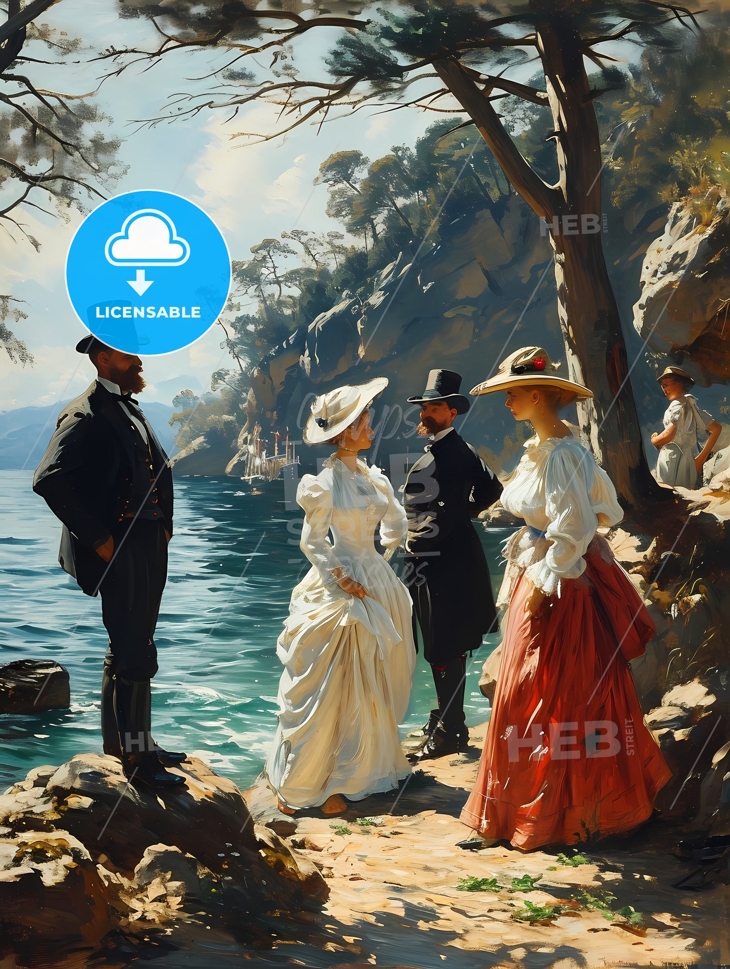 Bathing Scene, A Group Of People Standing On A Rocky Shore