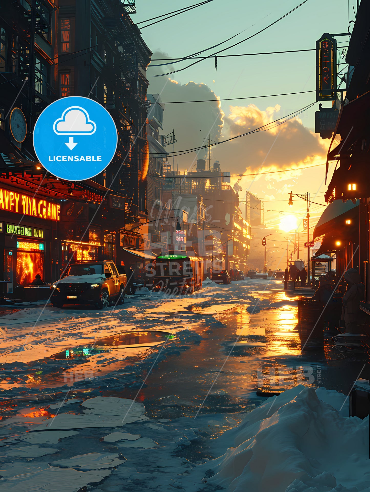 Art Style Ny City, A Snow Covered Street With Buildings And Cars