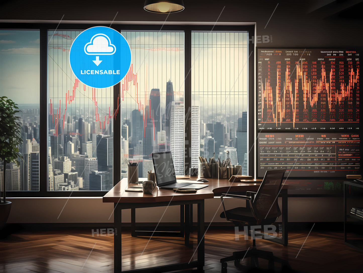 An Office With A Stock Market, A Desk With A Laptop And A Large Screen With A City View
