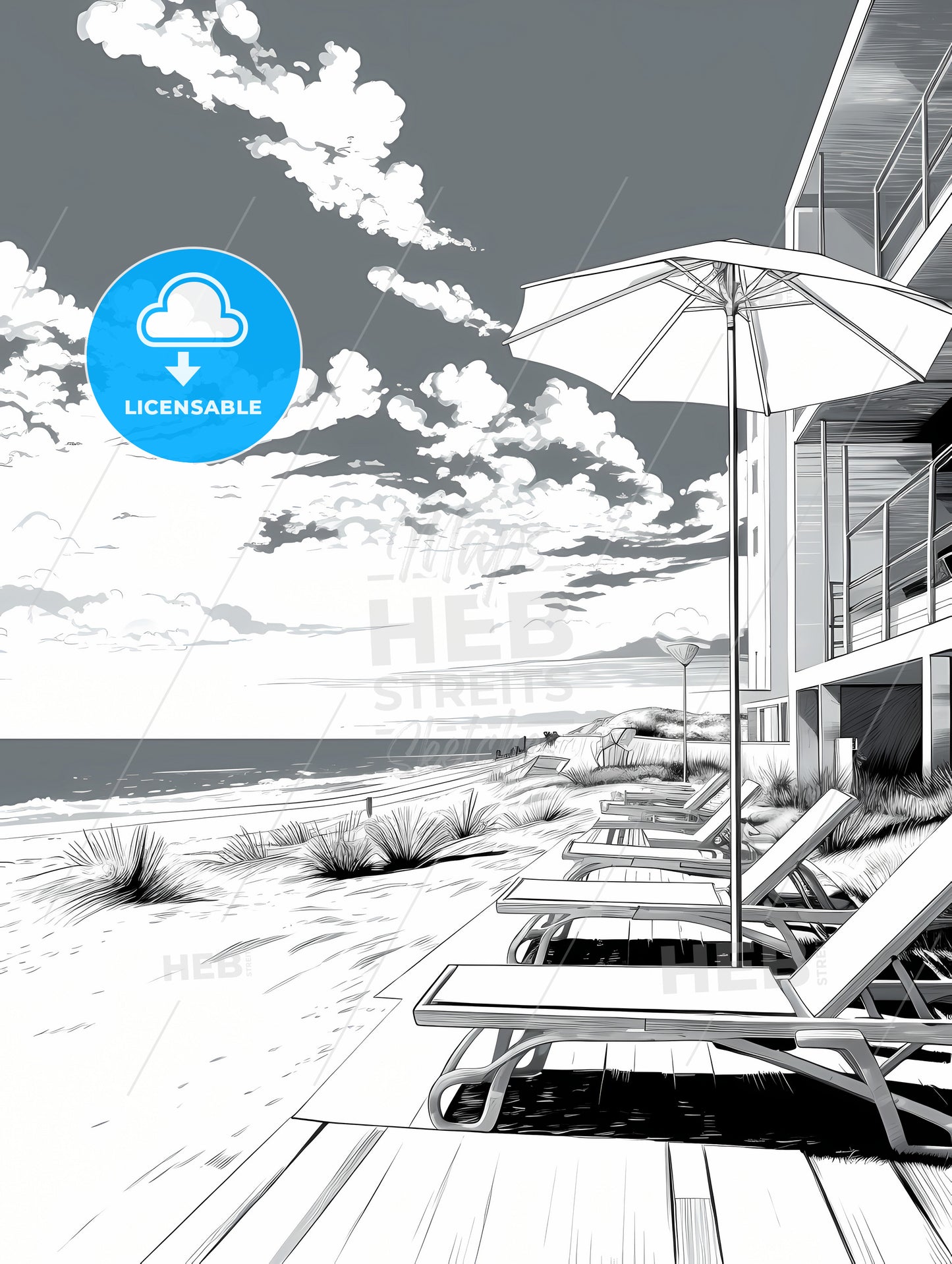 A Summer Beach, A Beach With Chairs And Umbrellas