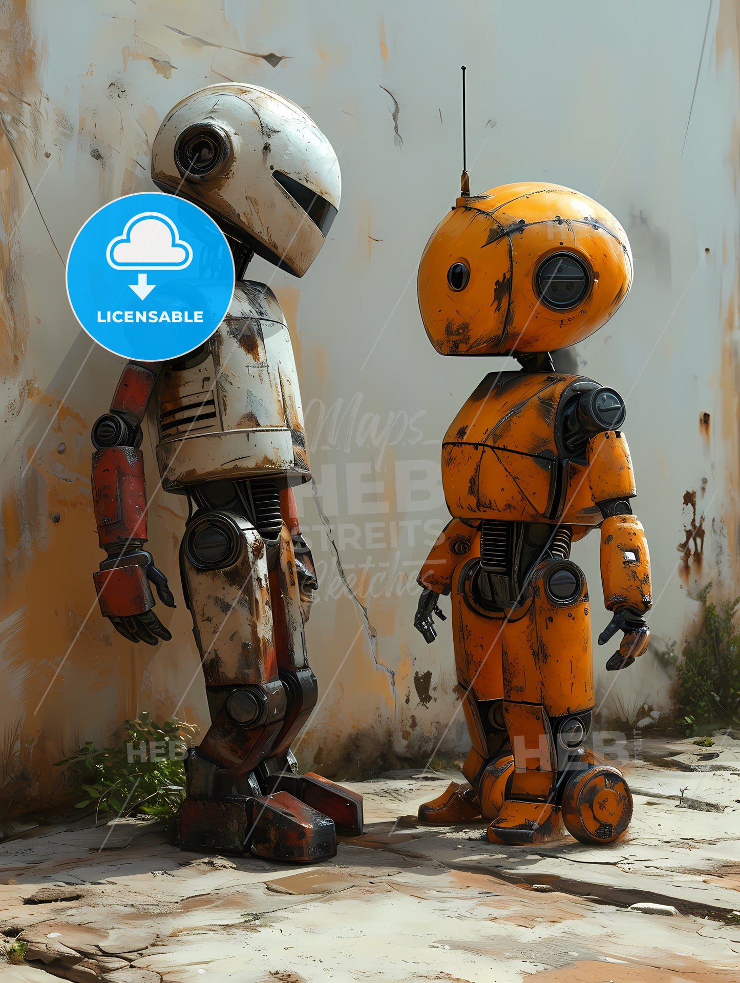 An Alien And A Robot In Love, Two Robots Standing Next To Each Other