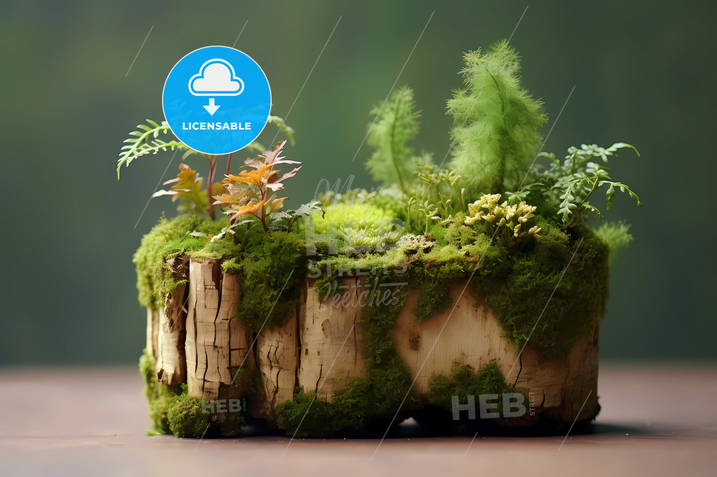 Wood Stump And Moss Planter, A Plant On A Log