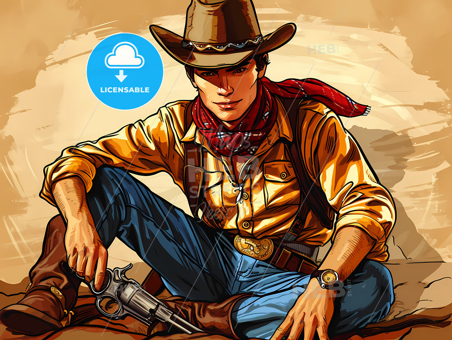 Cowboy On The Floor Shooting, A Man In A Cowboy Hat And Scarf Sitting On A Rock