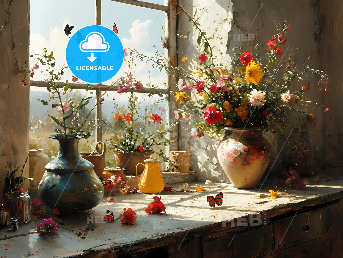 Butterflies Flying In From The Open Window, A Vases Of Flowers And Butterflies On A Table