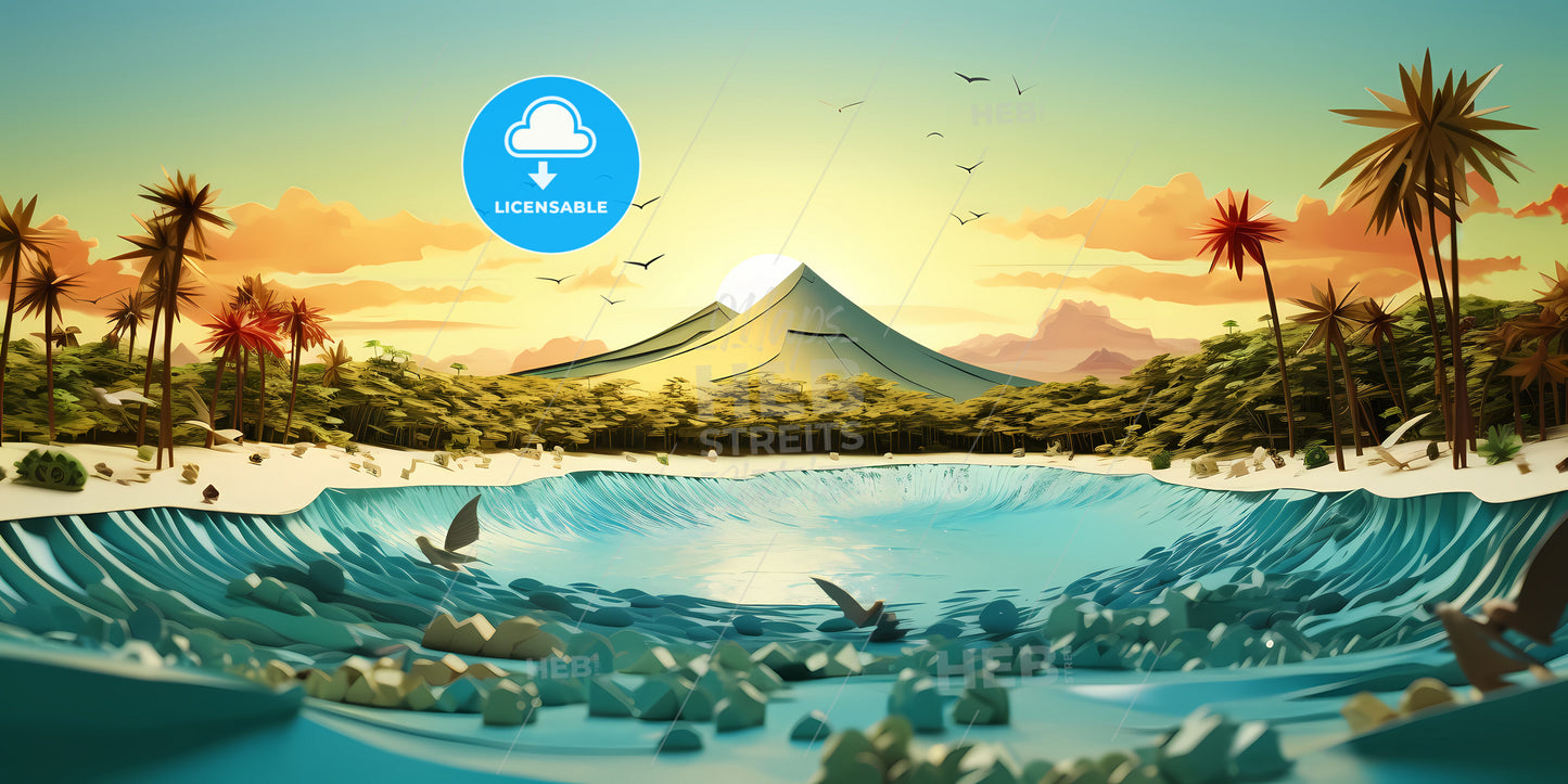 A Calm And Serene Beach, A Mountain With A Lake And Birds