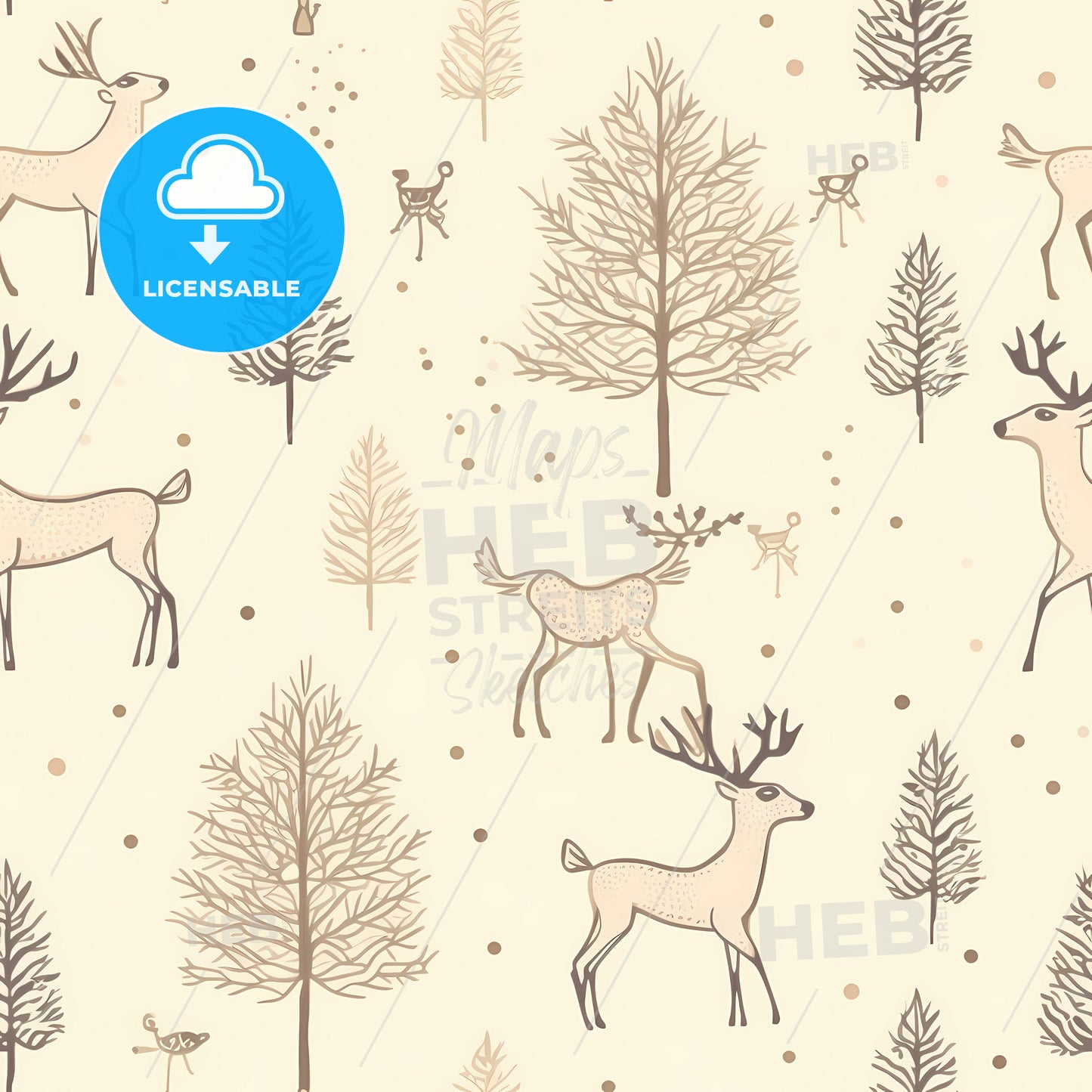 Hand Drawn Christmas Pattern, A Pattern Of Deer And Trees