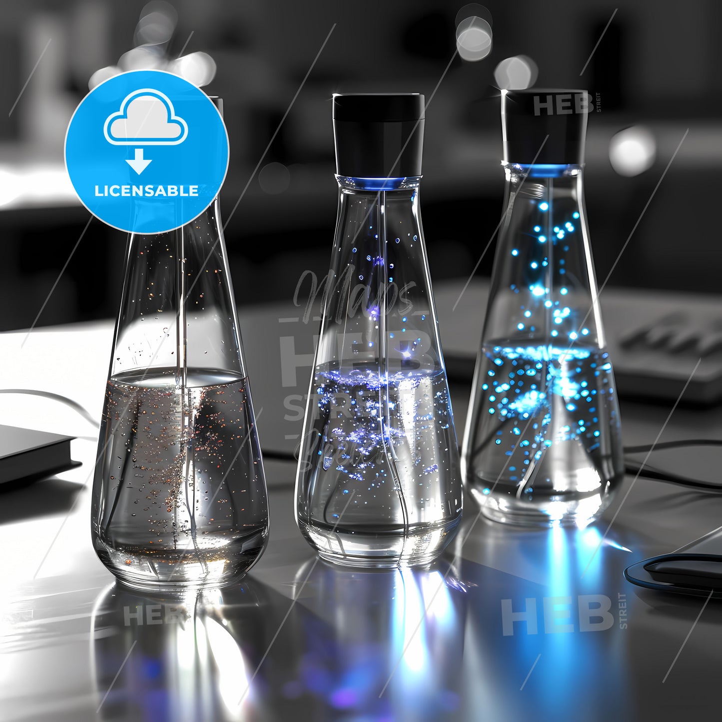 Industrial Design Sketch Of A Bottle Gadget, A Group Of Glass Bottles With Liquid In Them