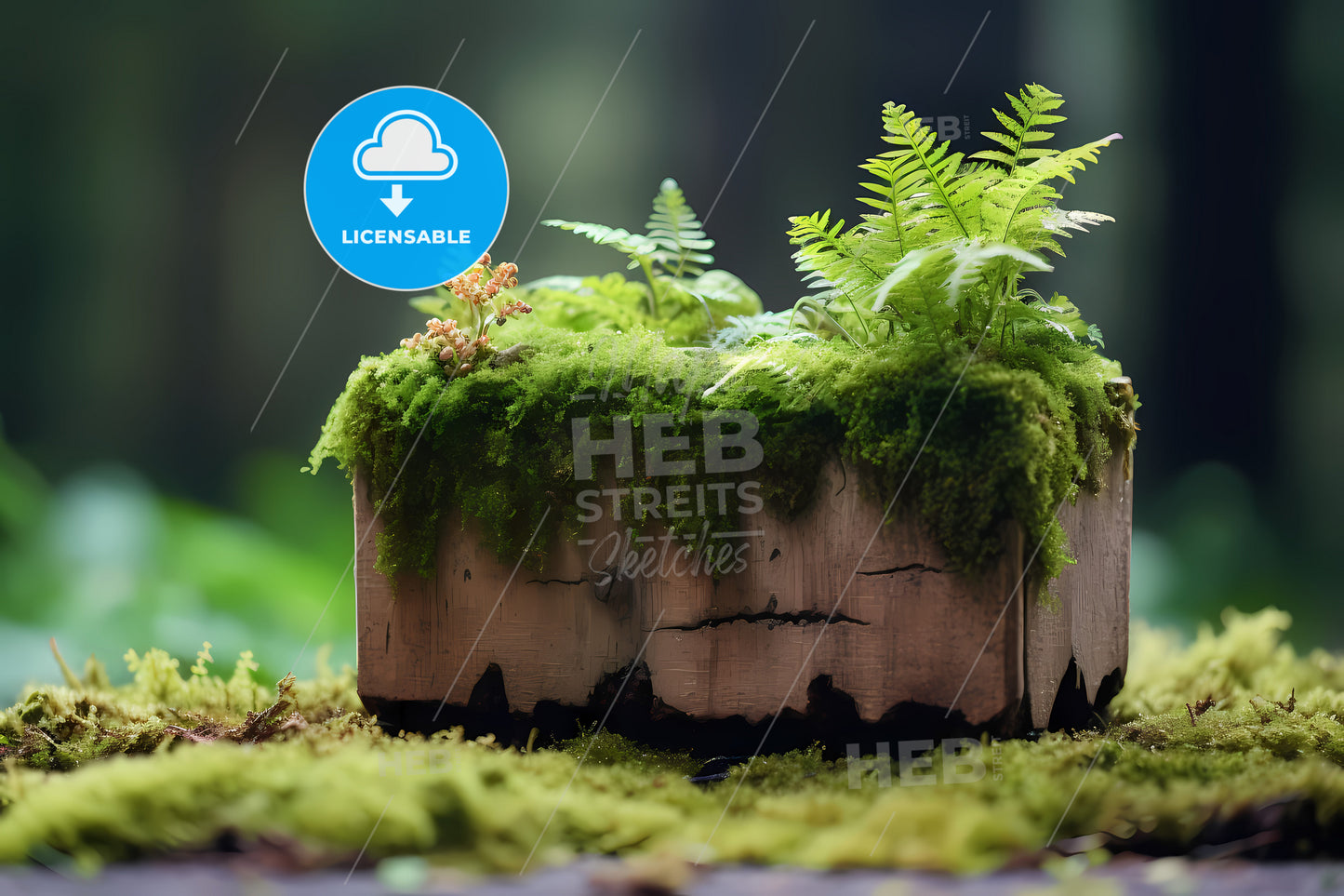 Wood Stump And Moss Planter, A Plant Growing On A Log