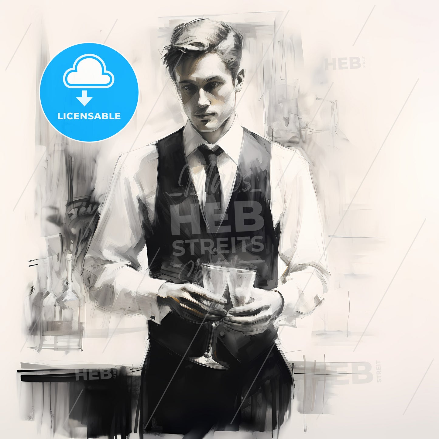 Black And White Pencil Sketch Of A Waiter, A Man Holding A Glass