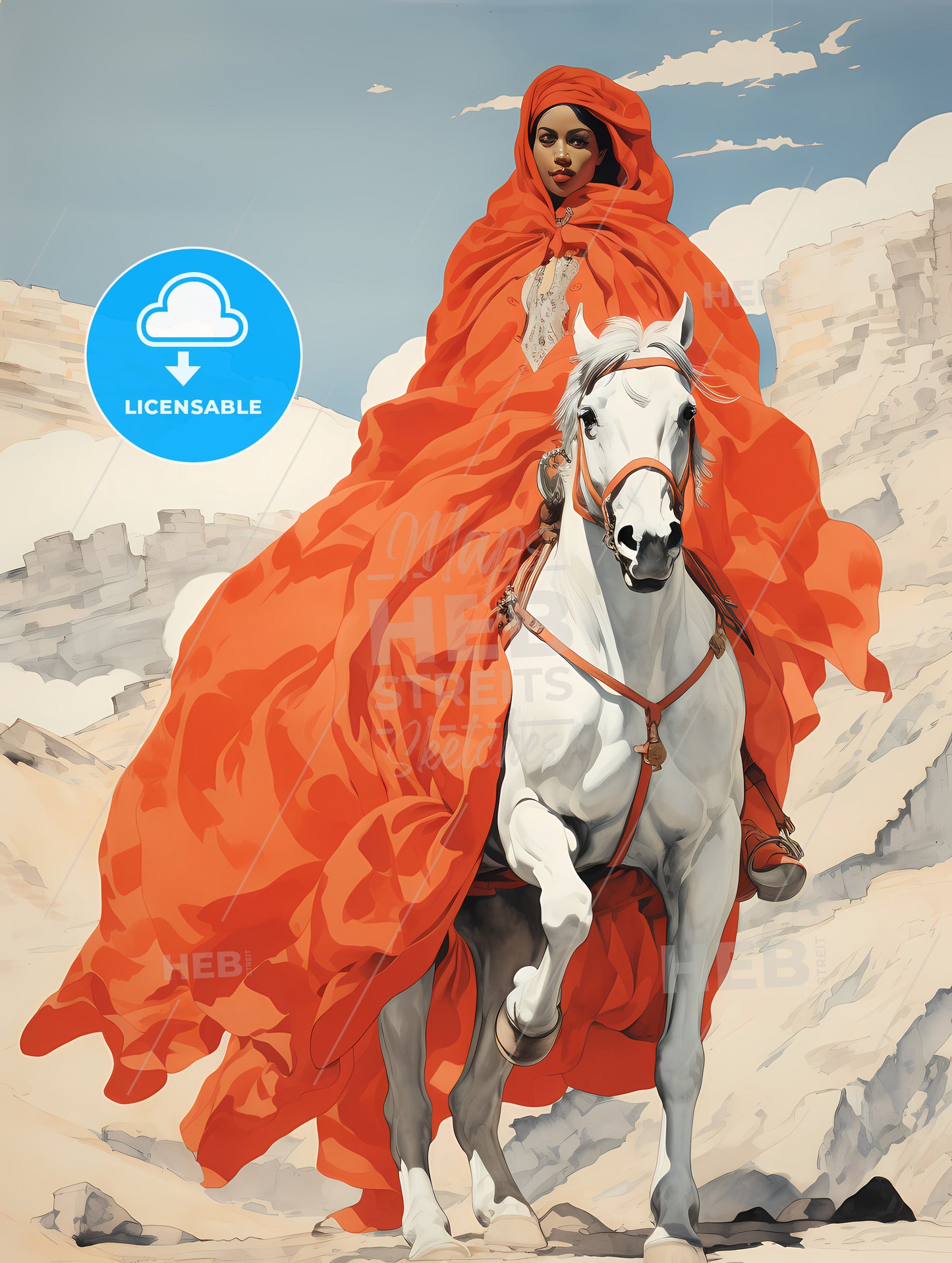 A Woman On Horseback, A Woman Riding A Horse In A Red Robe