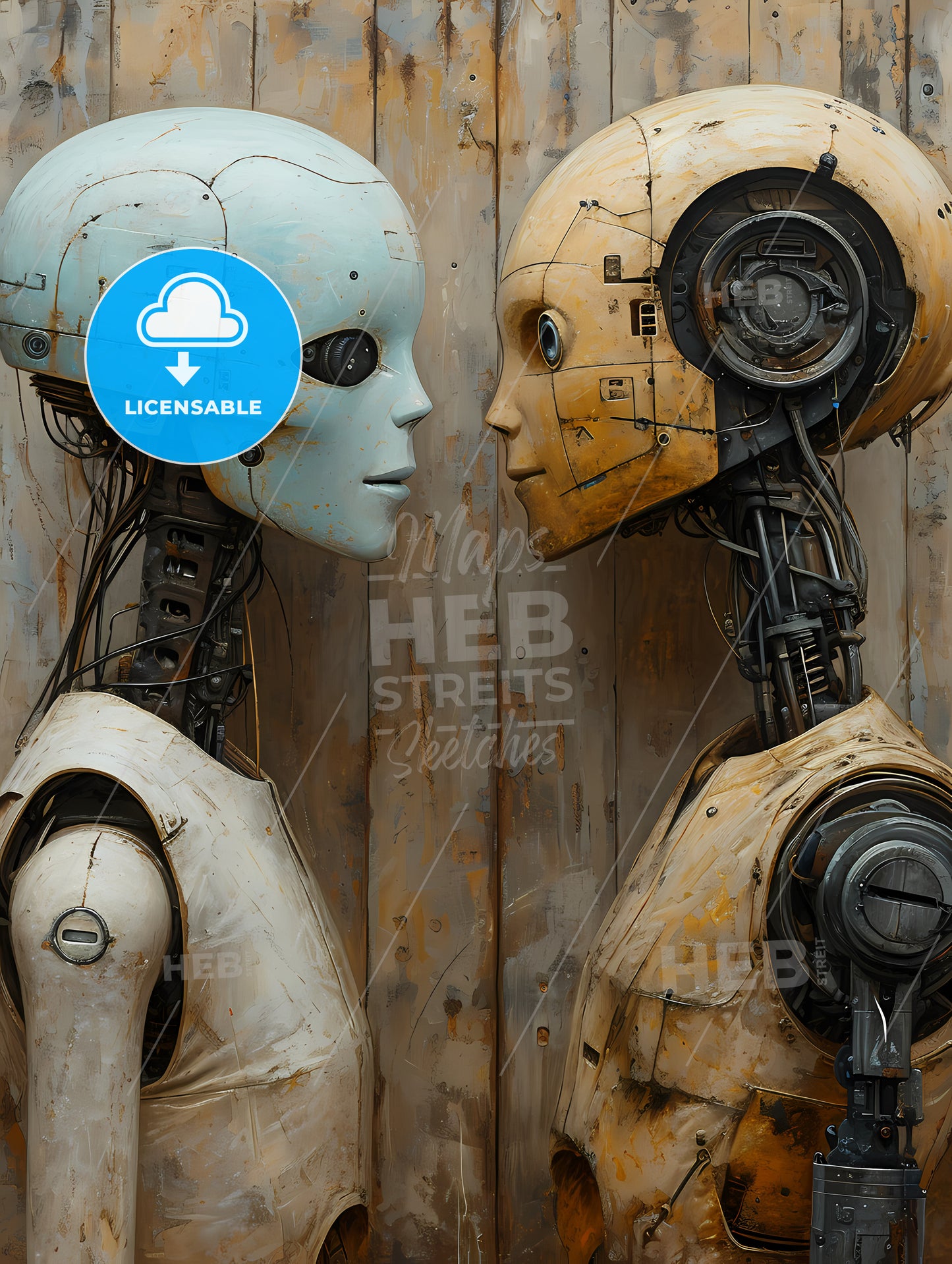 An Alien And A Robot In Love, Two Robots Looking At Each Other