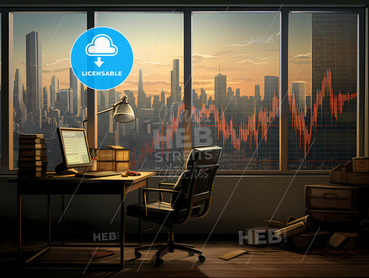 An Office With A Stock Market, A Computer Desk And Chair In Front Of A Window With A City View