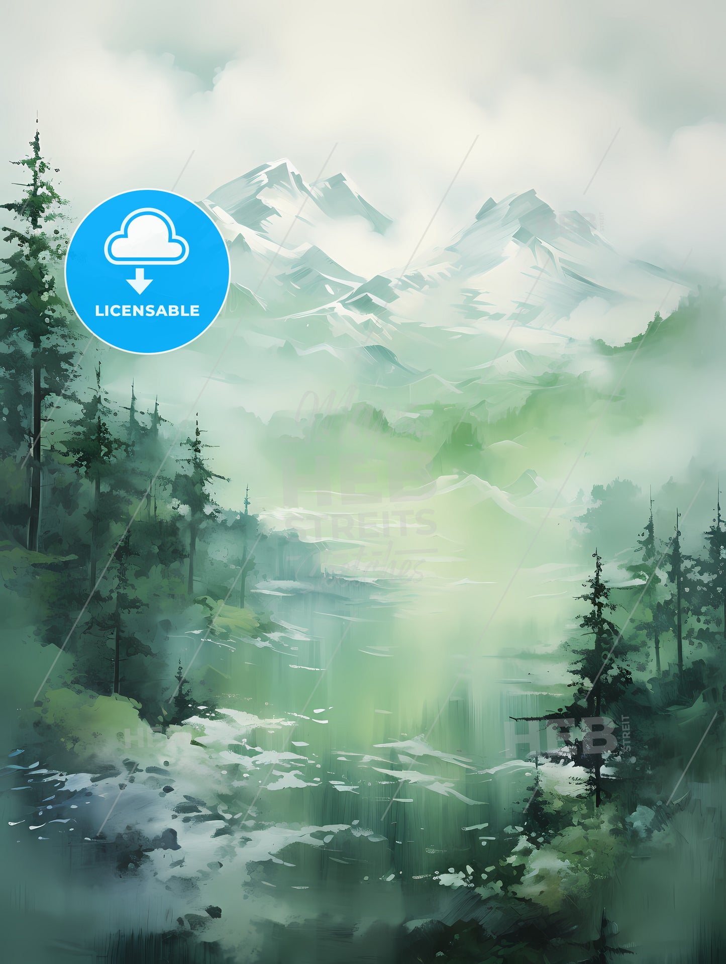 Painting Of Mountain Side In Spring, A Mountain Range With Trees And Fog