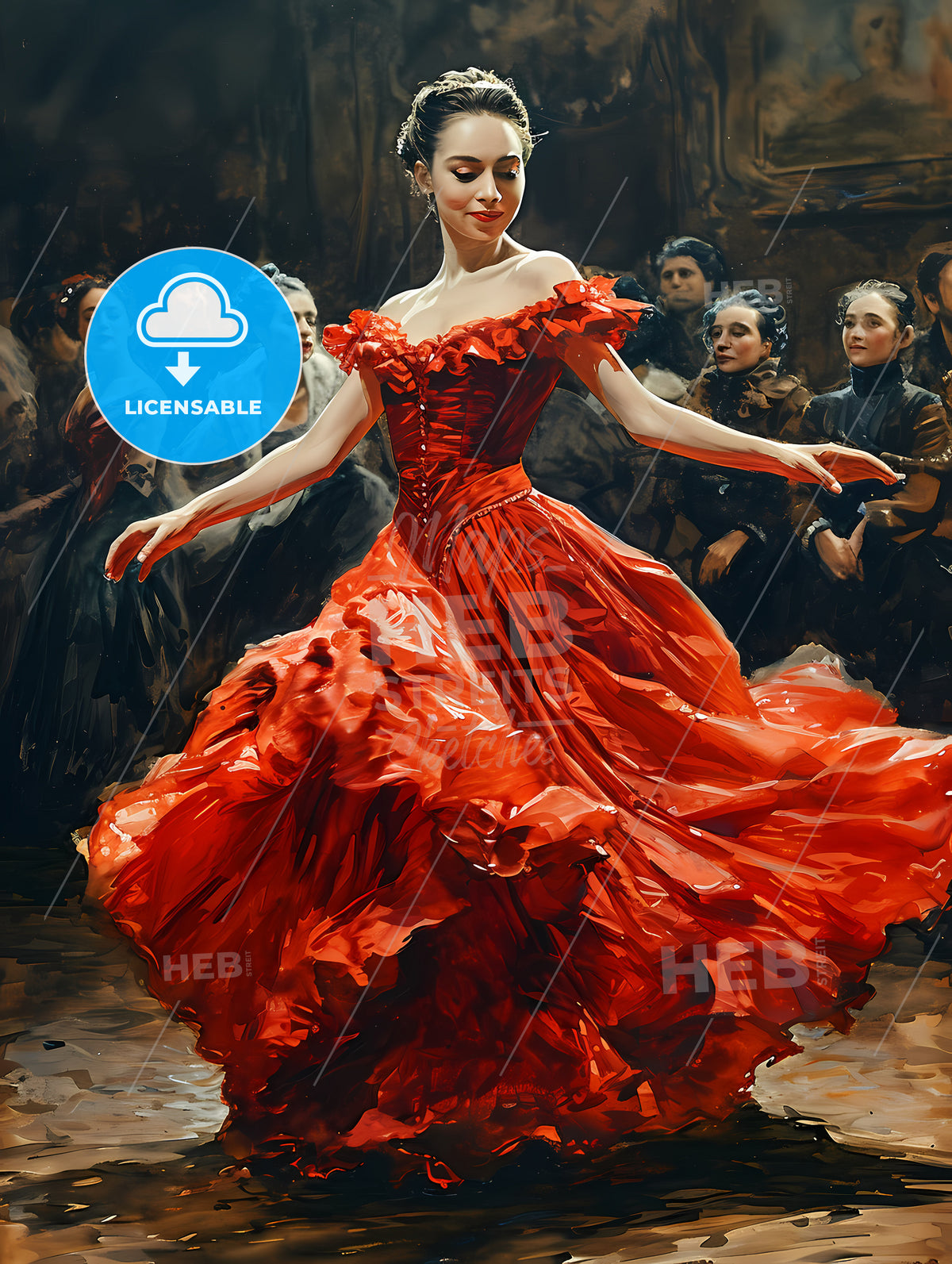 French Cancan Dancers In Moulin Rouge, A Woman In A Red Dress Dancing With Other People In The Background