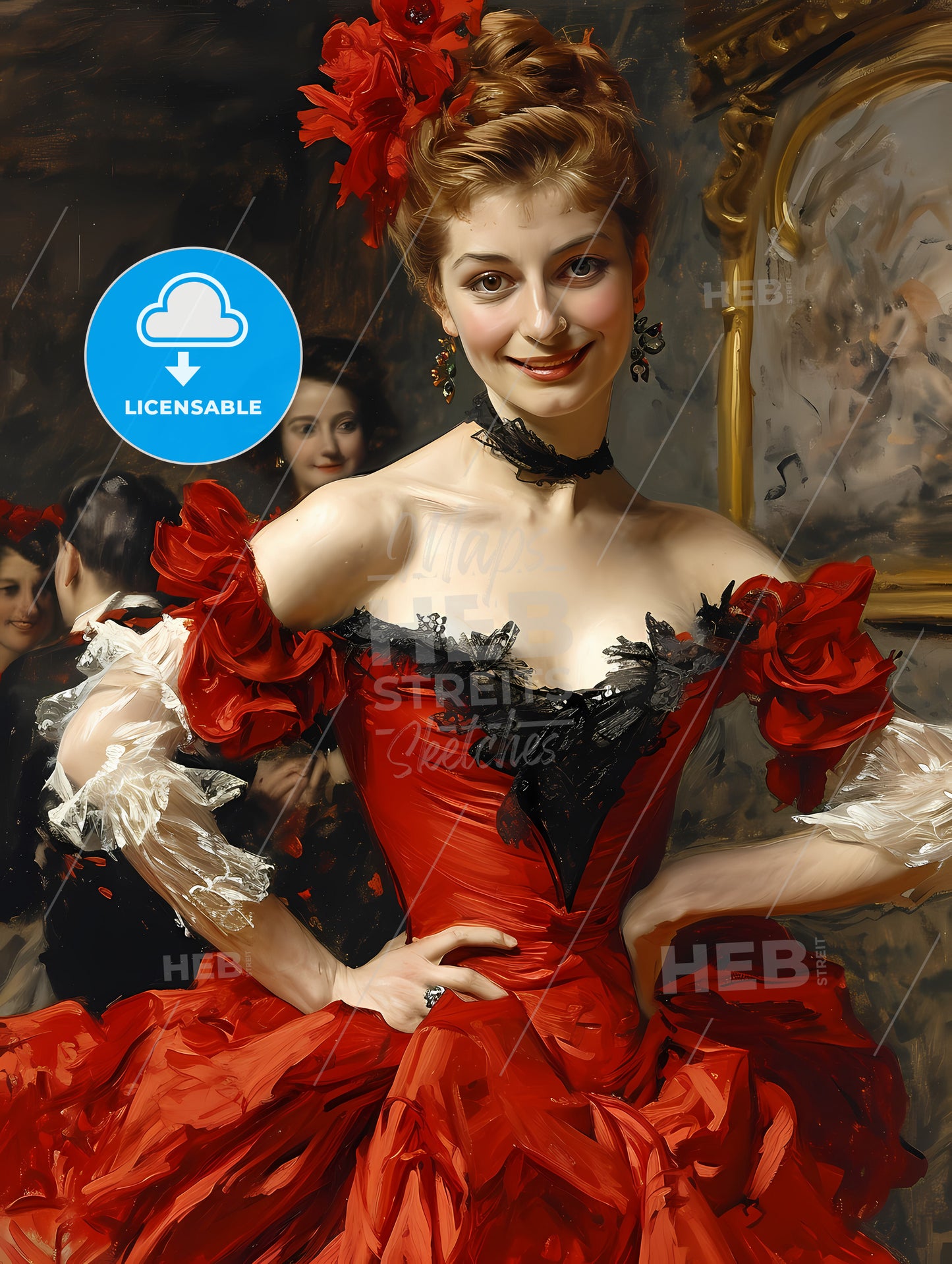 French Cancan Dancers In Moulin Rouge In Paris, A Woman In A Red Dress