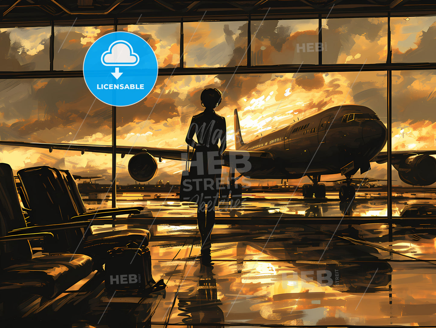 Woman Travelling, A Woman Standing In An Airport With A Large Airplane In The Background