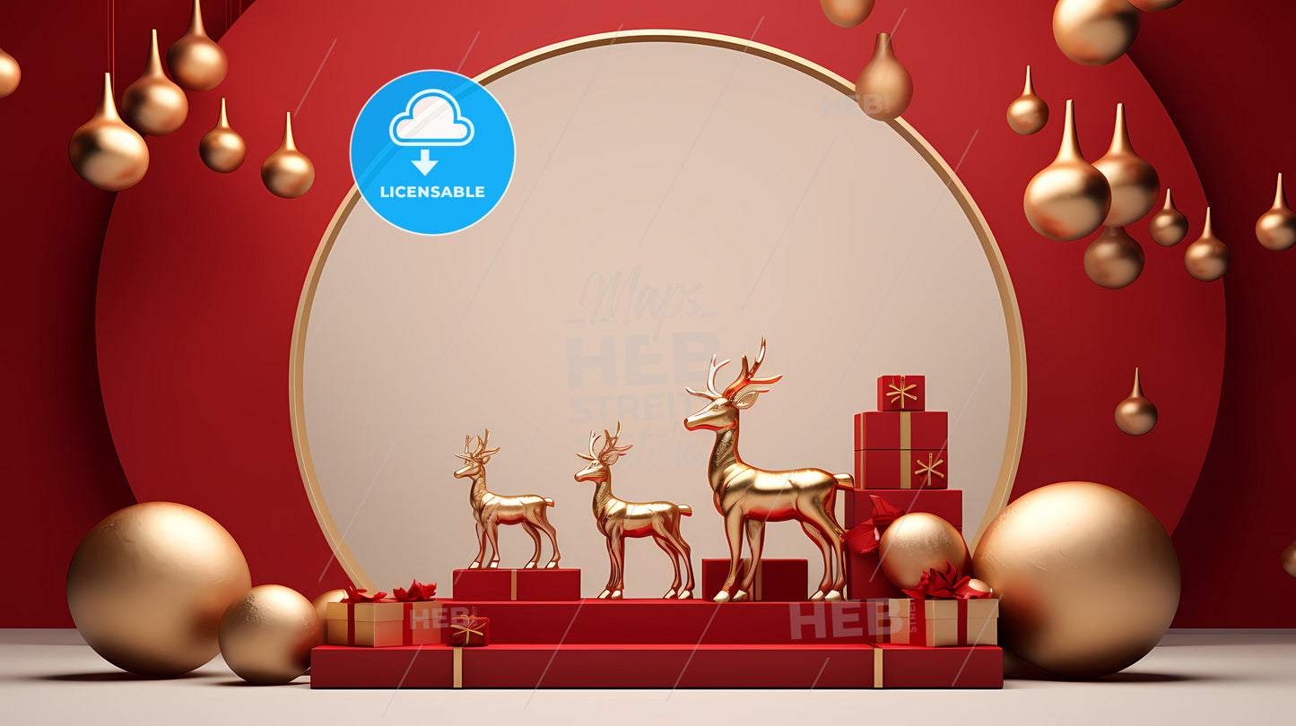 Red Christmas With Golden Gifts, A Group Of Gold Reindeers And Presents