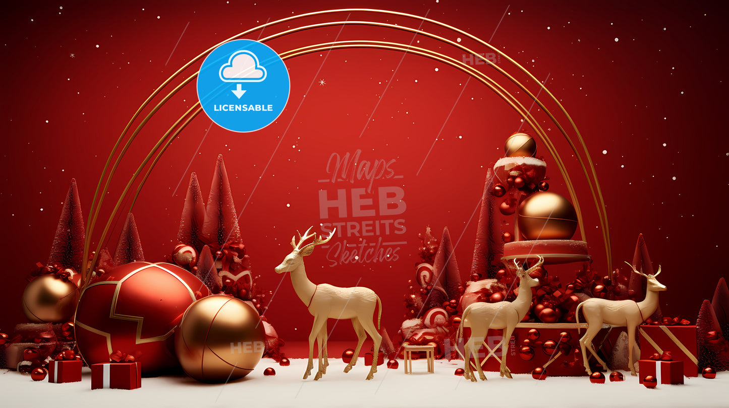 Red Christmas With Golden Gifts, A Christmas Scene With Reindeer And Trees