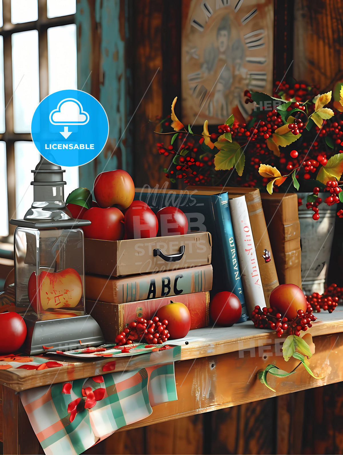 Back To School Set, A Table With Books And Apples