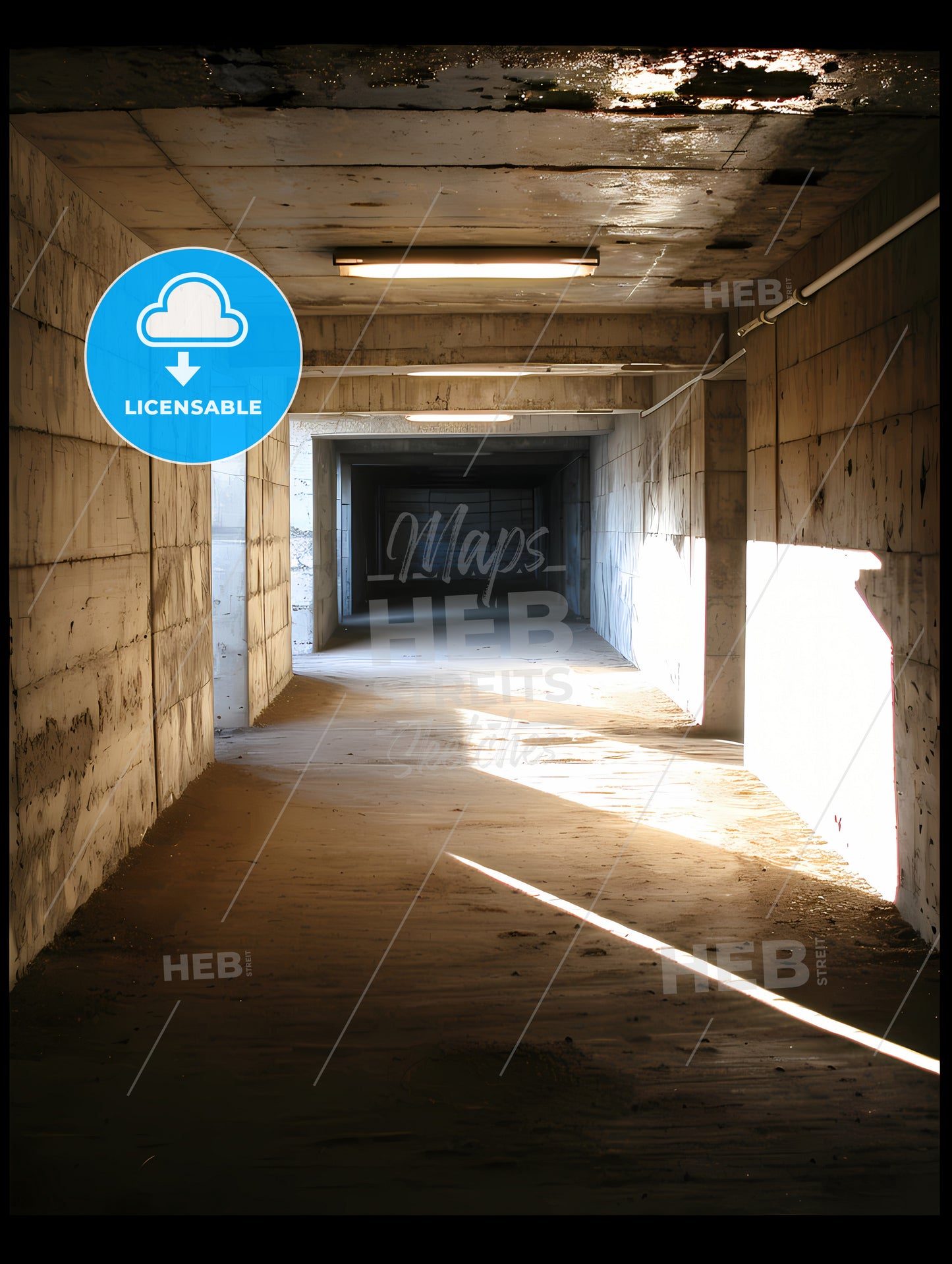 Tunnel Shadows, A Long Concrete Tunnel With Lights