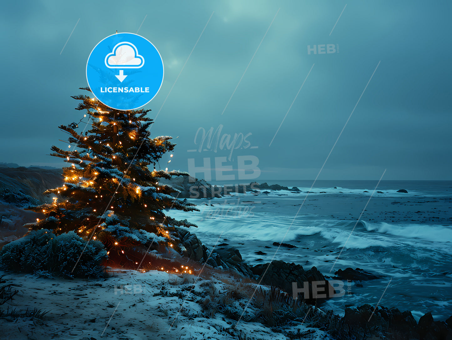 Christmas Tree Standing Straight With Lights, A Tree With Lights On It By The Ocean