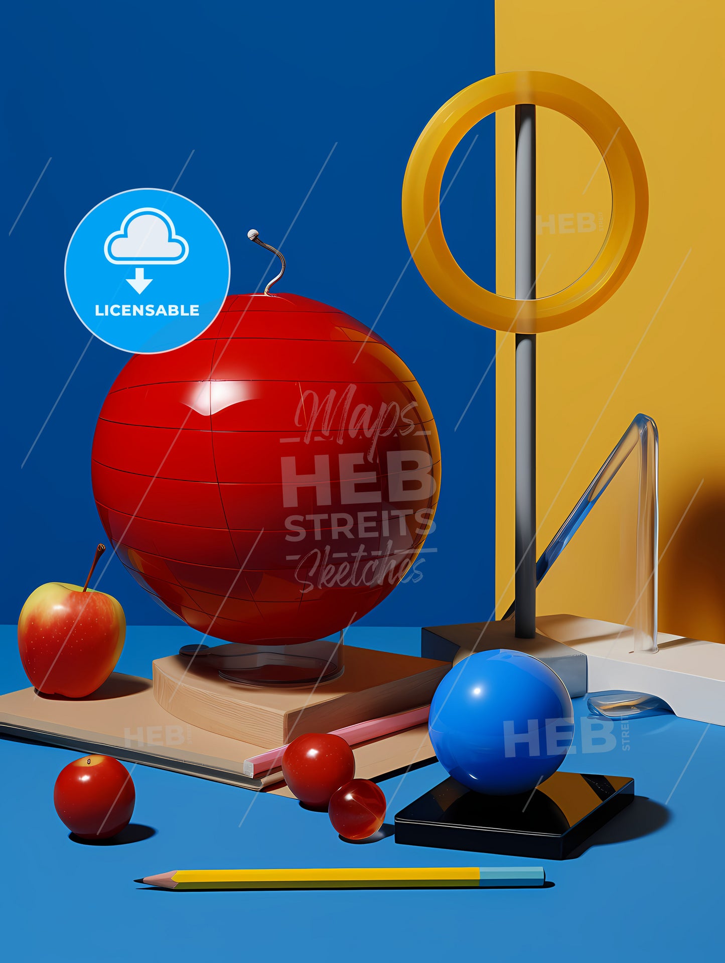 A Group Of Objects, A Red Sphere With A Wire Attached To A Yellow Circle And Red And Blue Balls