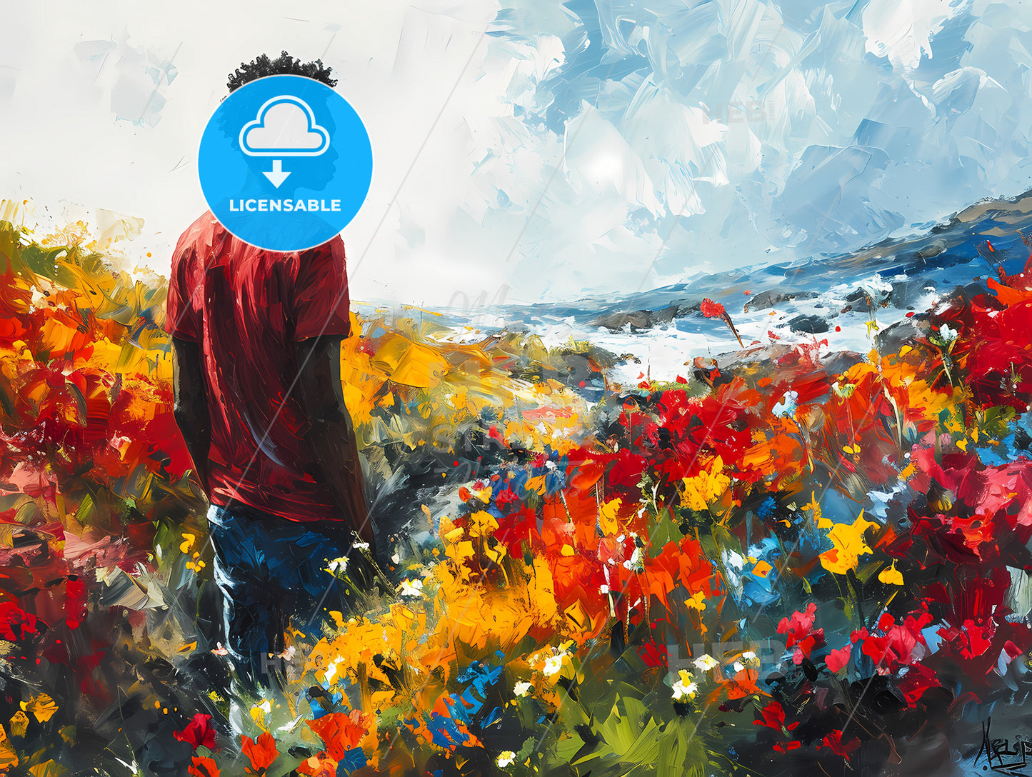 Young Black Male Standing Atop A Mountain, A Man Standing In A Field Of Flowers