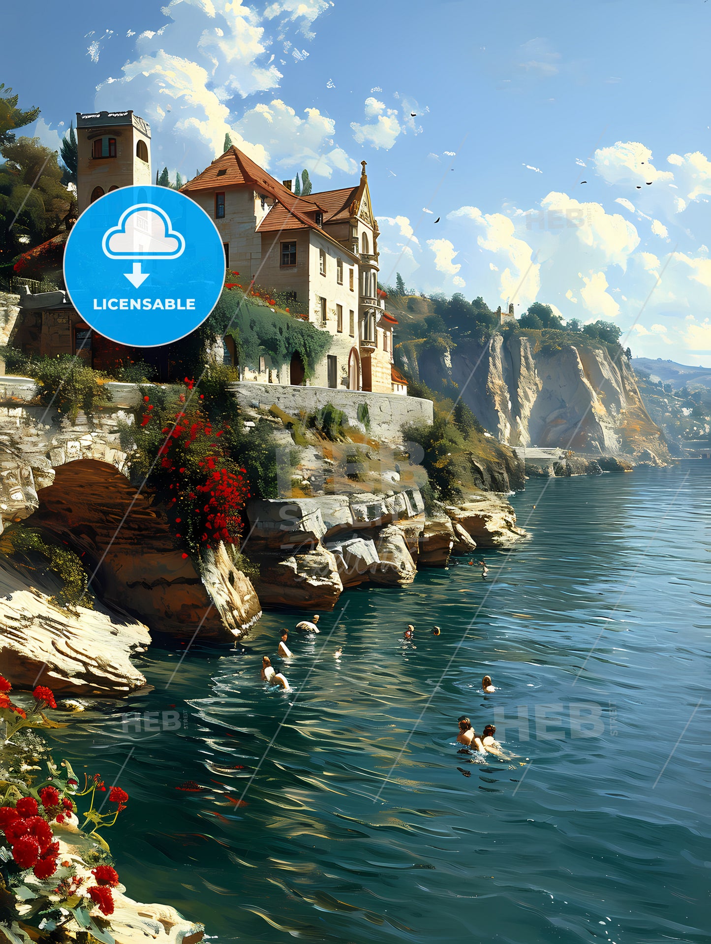 Bathing Scene, A Building On A Cliff Above Water