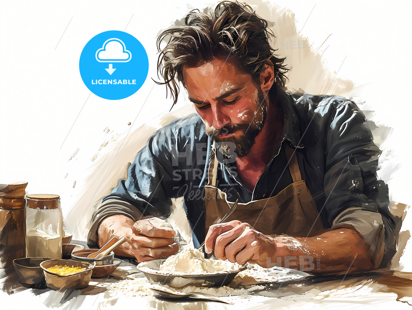 Man Baking, A Man In An Apron Mixing Flour