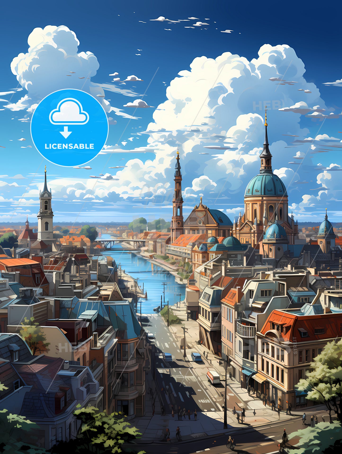 The Roofs Of Berlin Skyline, A City With A River And Buildings