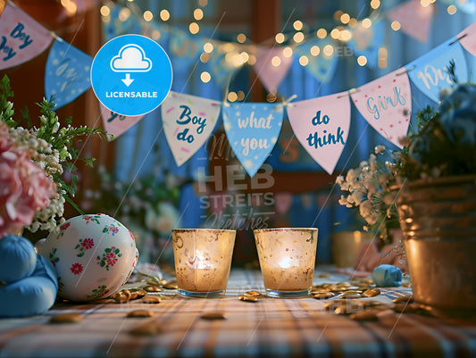 The Baby Boy Or Girl Banner, A Table With Candles And Flags