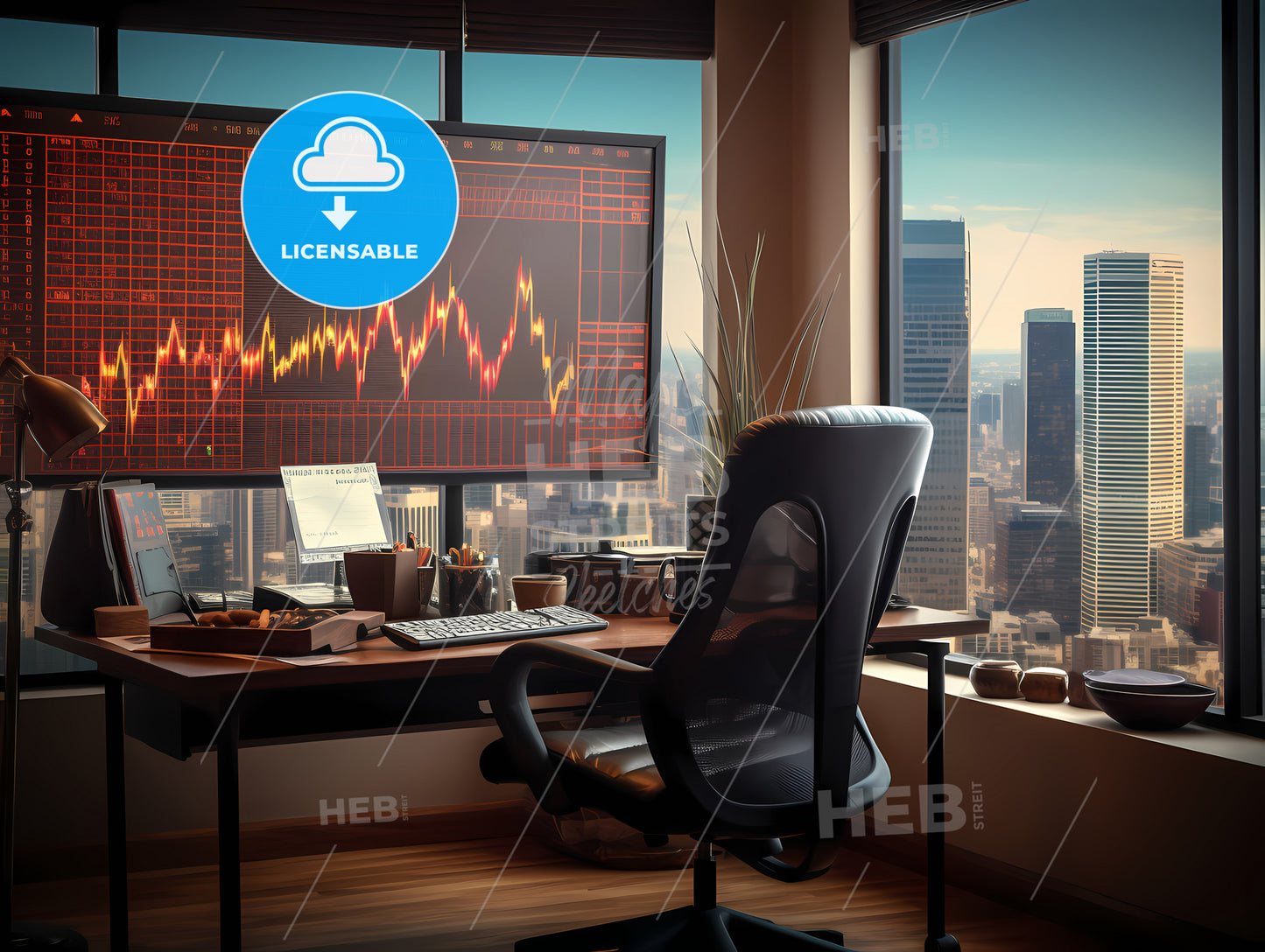 An Office With A Stock Market, A Desk With A Computer And A Large Screen