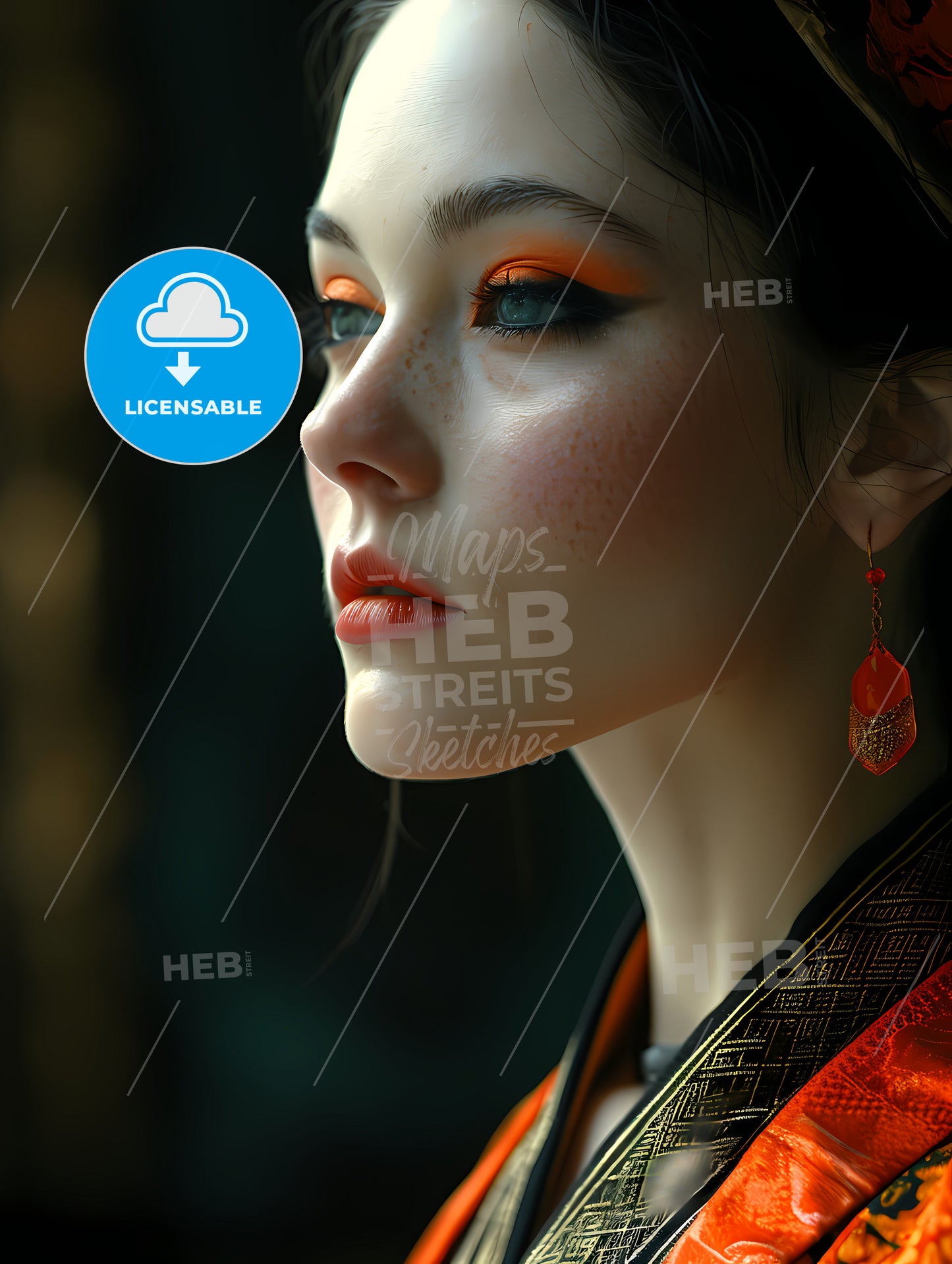 Beautiful Woman, A Woman With Orange Makeup And Earrings