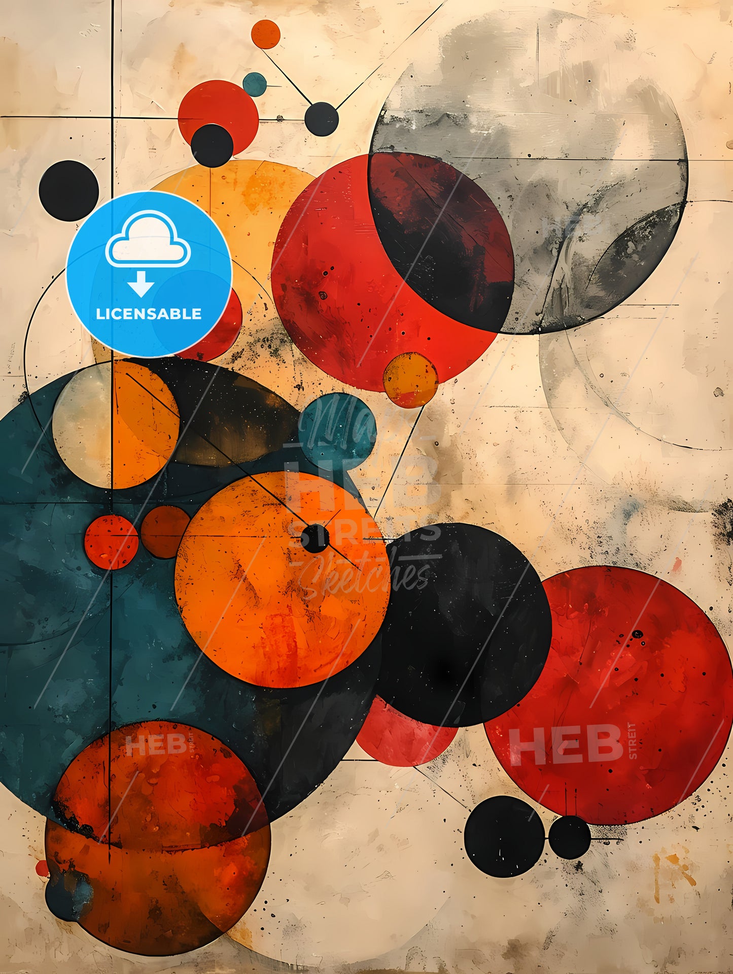 Neutral Beige Mid Century Modern Art Painting, A Colorful Circles And Lines