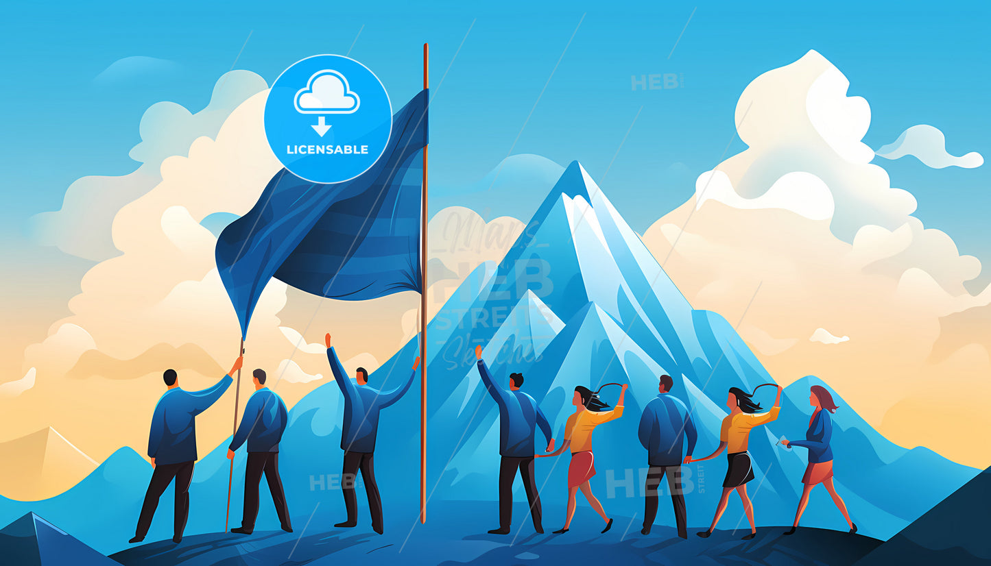 Close View On A Team, A Group Of People Holding A Flag