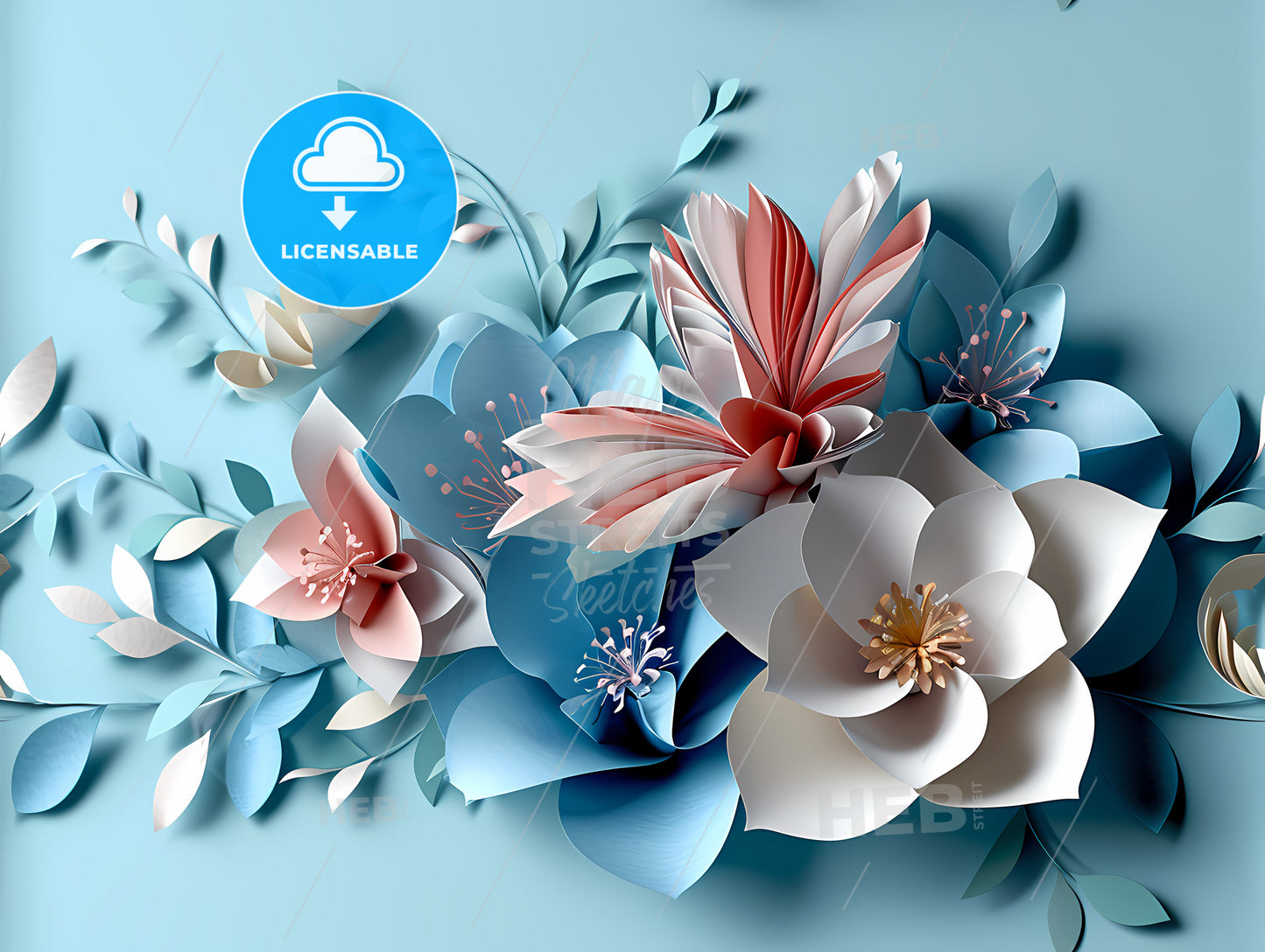 Blue And Pink Paper Hearts, A Group Of Paper Flowers
