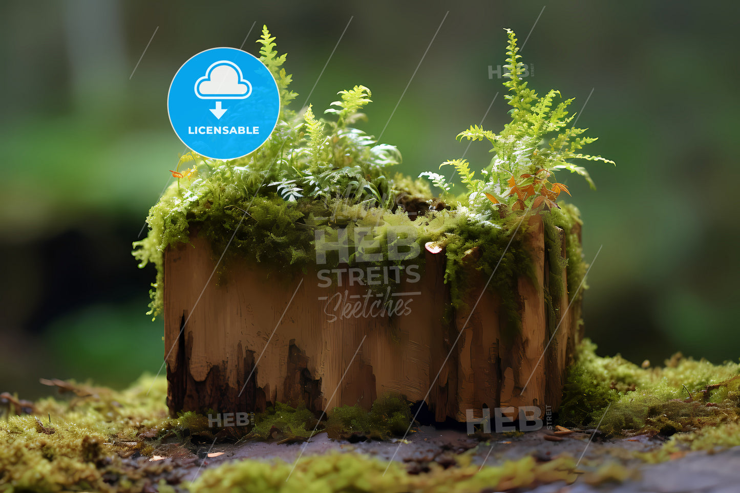 Wood Stump And Moss Planter, A Tree Stump With Moss Growing On It