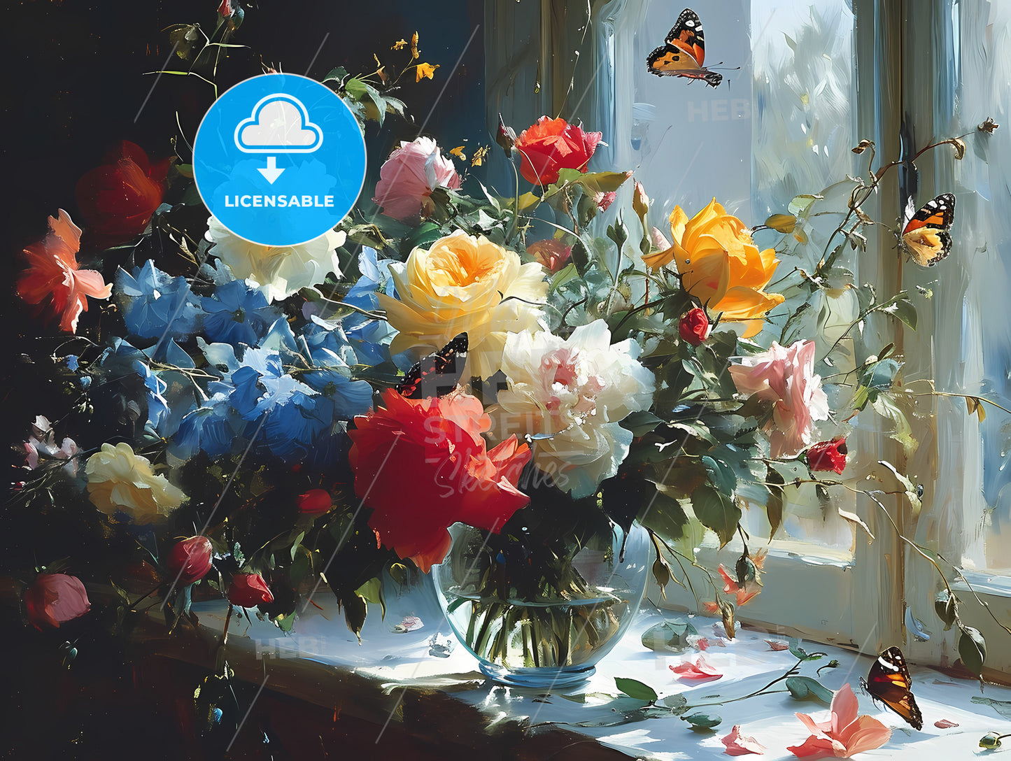 Butterflies Flying In From The Open Window, A Vase Of Flowers On A Window Sill