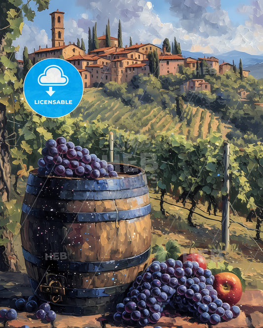 Tuscany, Italy - A Painting Of A Vineyard With A Barrel Of Grapes And A Building In The Distance