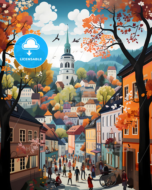Oslo, Norway - A Painting Of A Town With Trees And A Church