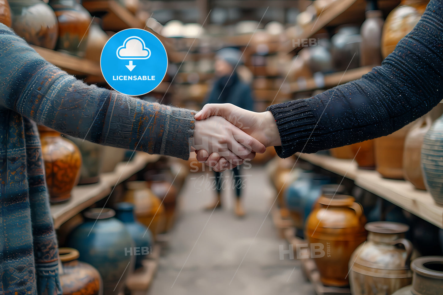Close Up Of A Hand Shake Between Seller And Customer In Handicraft Workshop - A Handshake Between A Group Of Vases