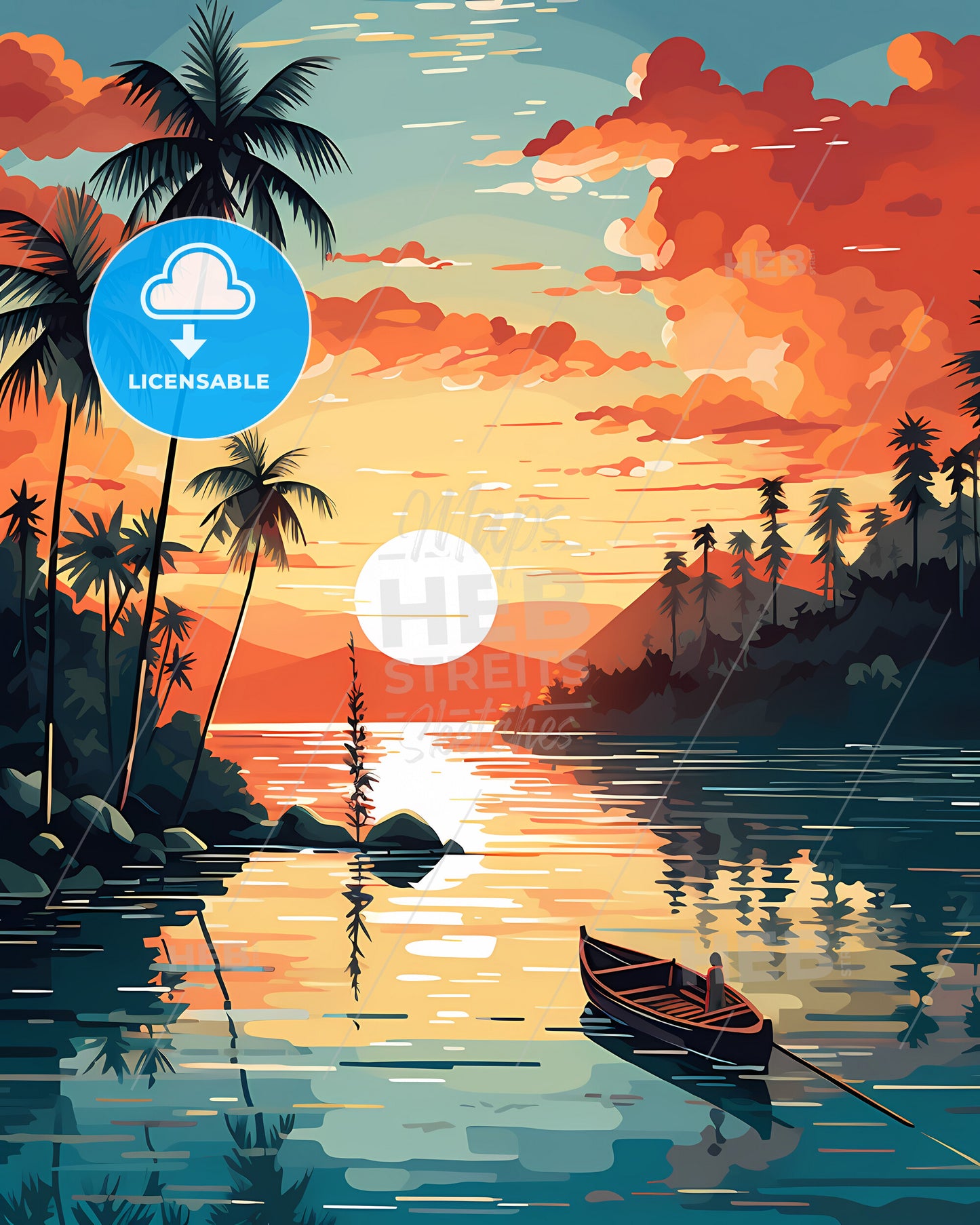 Koh Samui, Thailand - A Painting Of A Boat On A Lake With Palm Trees And A Sunset