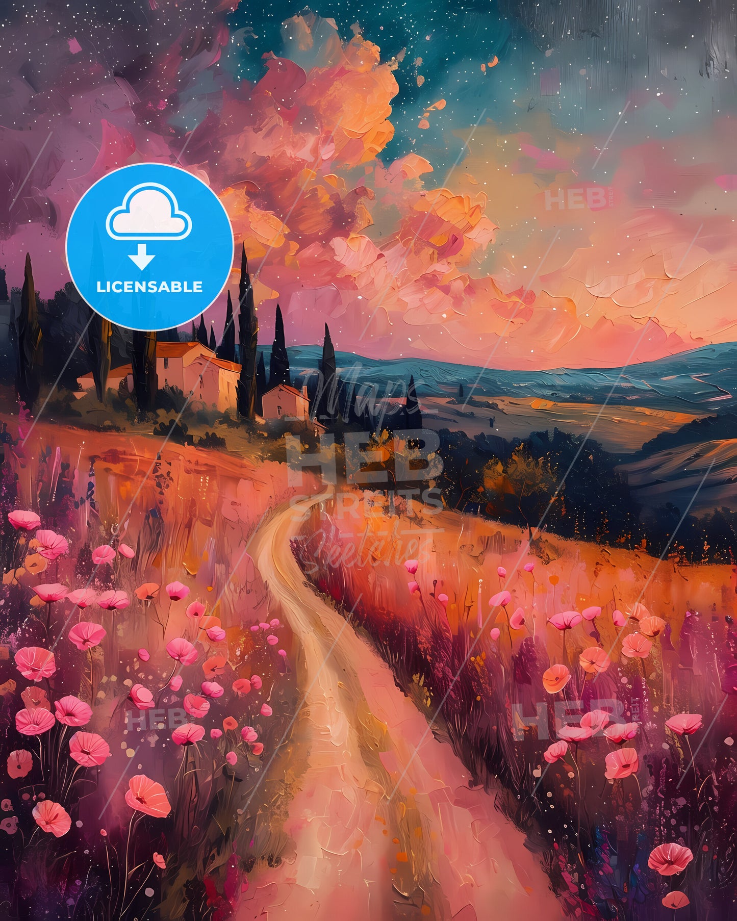 Cahors, France - A Painting Of A Road In A Field With Flowers