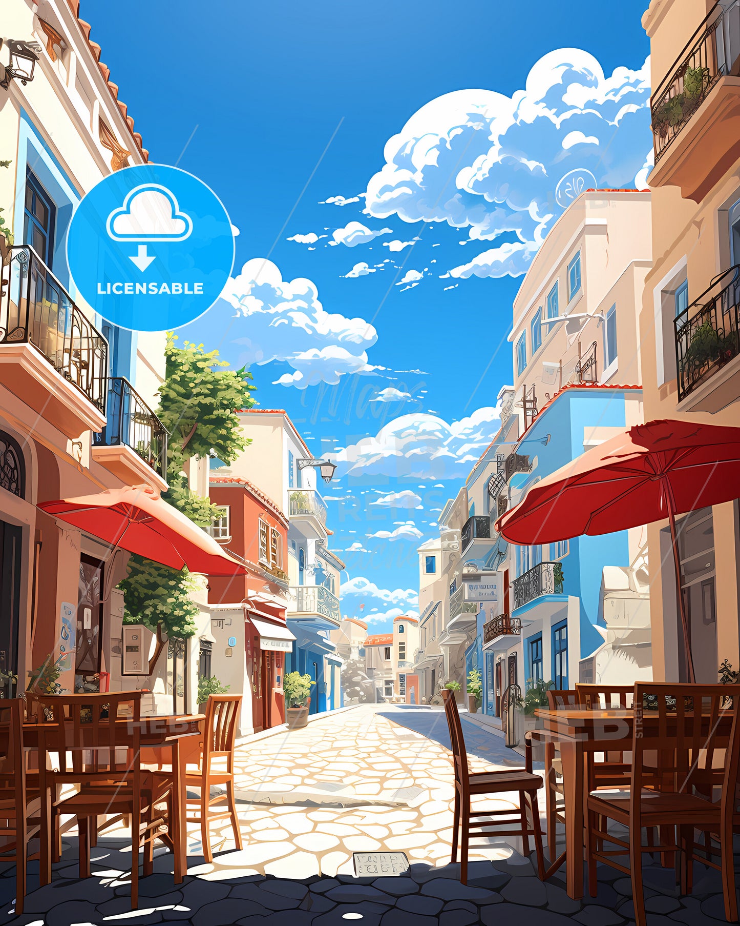 Heraklion, Greece - A Street With Tables And Umbrellas