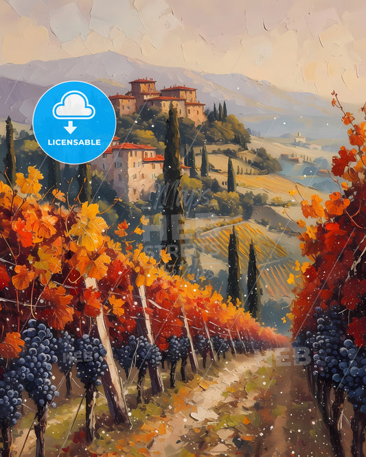 Chianti Classico, Italy - A Painting Of A Vineyard With Houses And Trees
